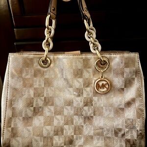 Michael Kors Metallic Gold Checker-Print Tote with MK Charm